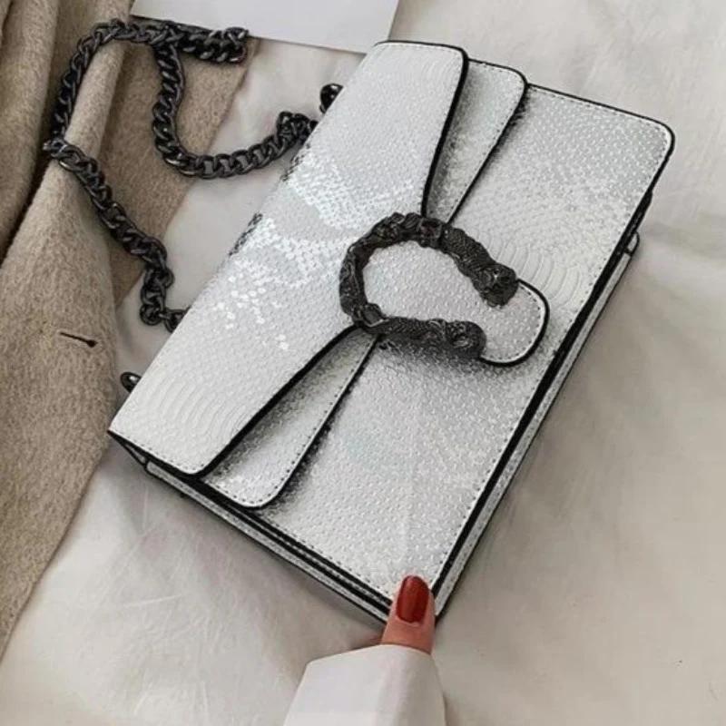 Snake Print Chain Purse Luxury Leather Shoulder Bags, A-new-rich White & Blue