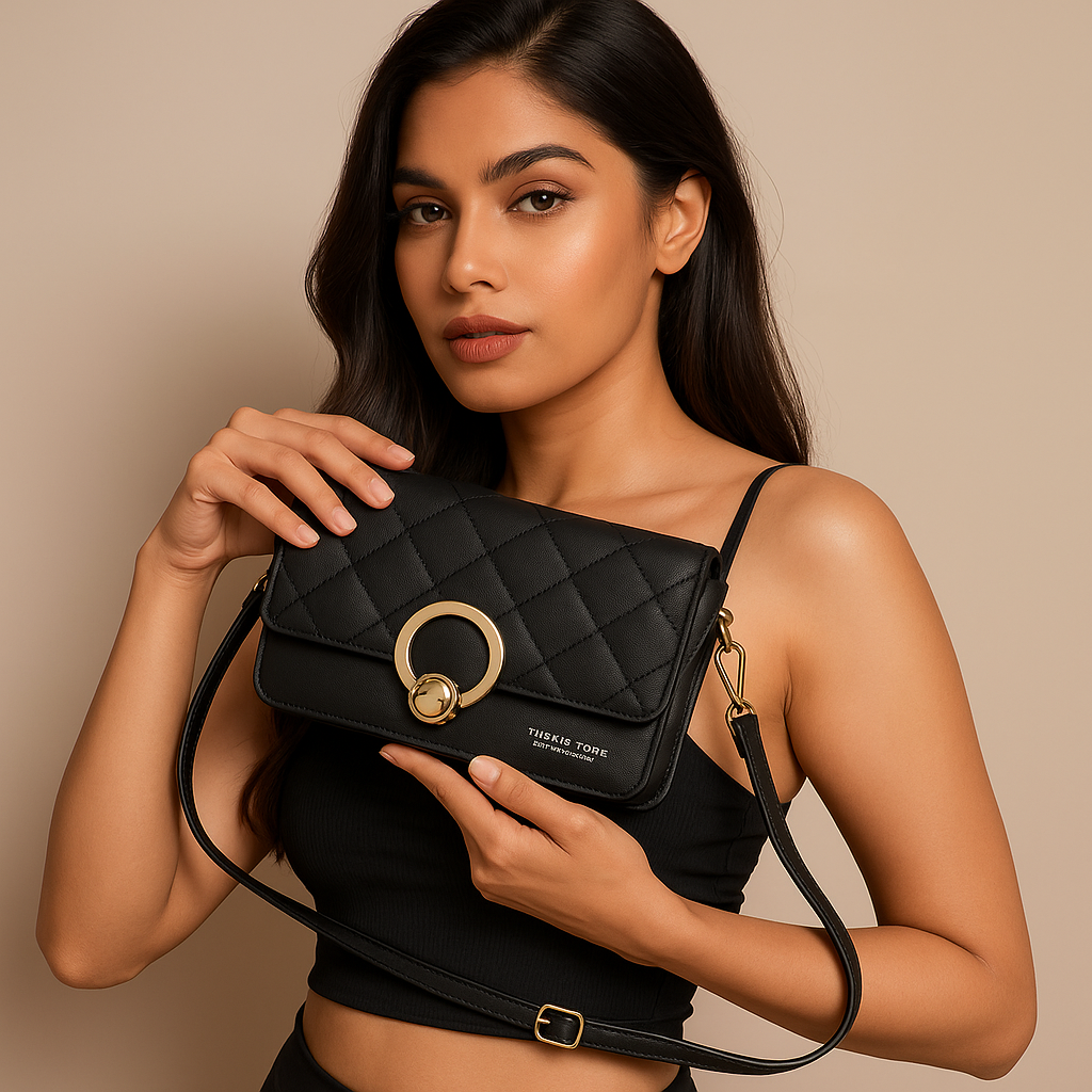 Ladies First Black Women Sling Bag Quilted Stylish Trendy Premium Spacious Multi-Compartments