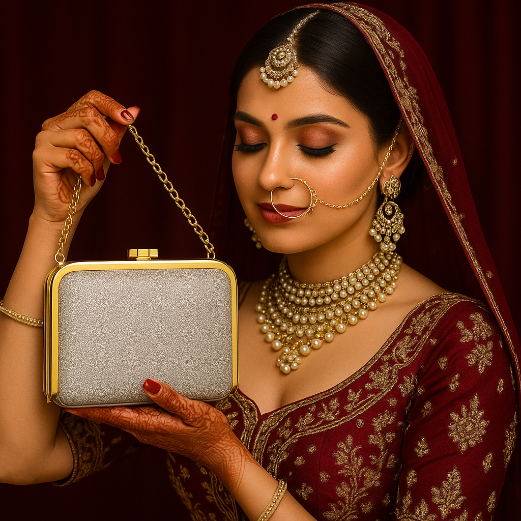 Women Bridal Clutch Silver & Pink