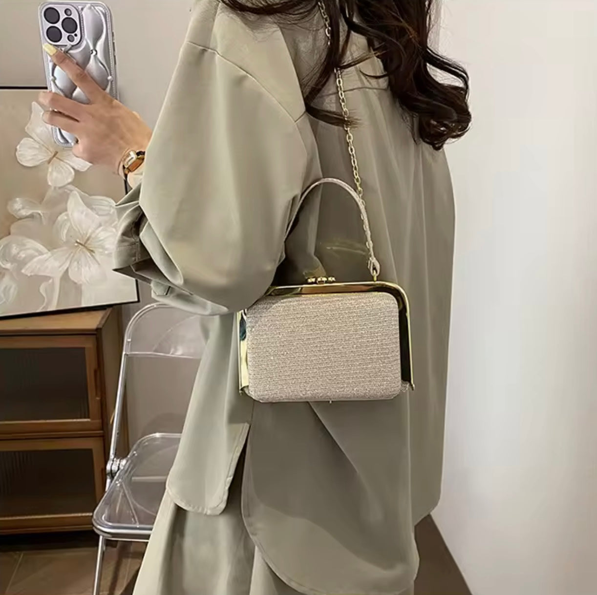Women Bridal Clutch Silver & Pink