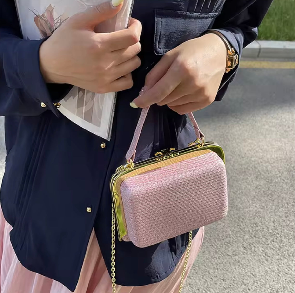 Women Bridal Clutch Silver & Pink