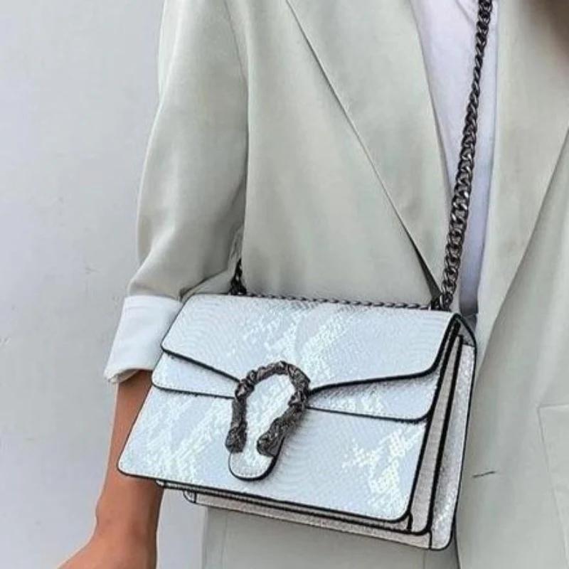 Snake Print Chain Purse Luxury Leather Shoulder Bags, A-new-rich White & Blue